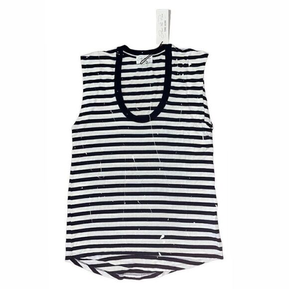 NWT Feel The Piece Terre Jacobs Navy Striped T-shirt Top Paint Accents SZ XS/S - Picture 1 of 9